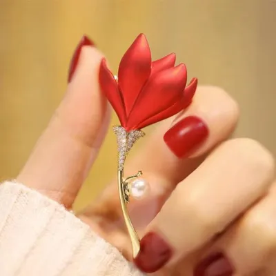 Crystal Red Flower Brooch / Pin